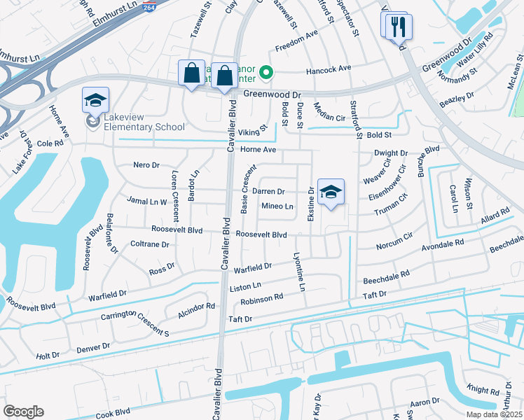 map of restaurants, bars, coffee shops, grocery stores, and more near 1512 Dandridge Drive in Portsmouth