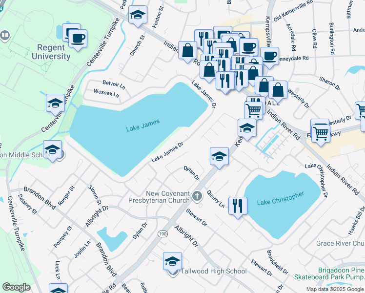 map of restaurants, bars, coffee shops, grocery stores, and more near 1408 Lake James Drive in Virginia Beach