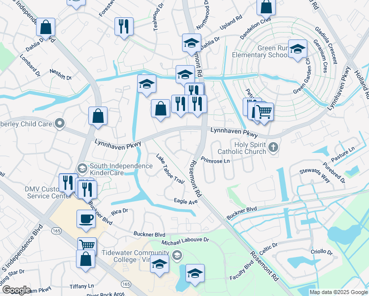 map of restaurants, bars, coffee shops, grocery stores, and more near 3608 Harbinger Road in Virginia Beach