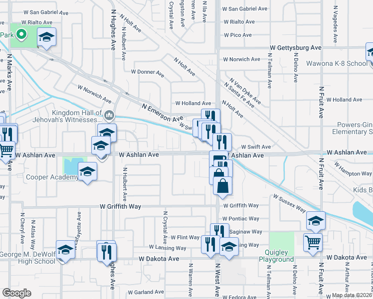 map of restaurants, bars, coffee shops, grocery stores, and more near 1550 West Ashlan Avenue in Fresno