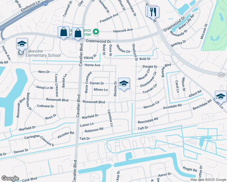 map of restaurants, bars, coffee shops, grocery stores, and more near 1506 Ekstine Drive in Portsmouth