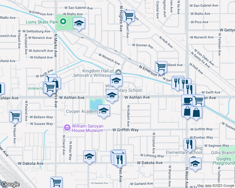 map of restaurants, bars, coffee shops, grocery stores, and more near 4221 North Hughes Avenue in Fresno