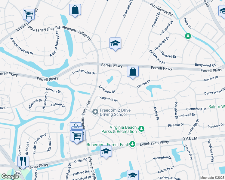 map of restaurants, bars, coffee shops, grocery stores, and more near 4593 Greenlaw Drive in Virginia Beach