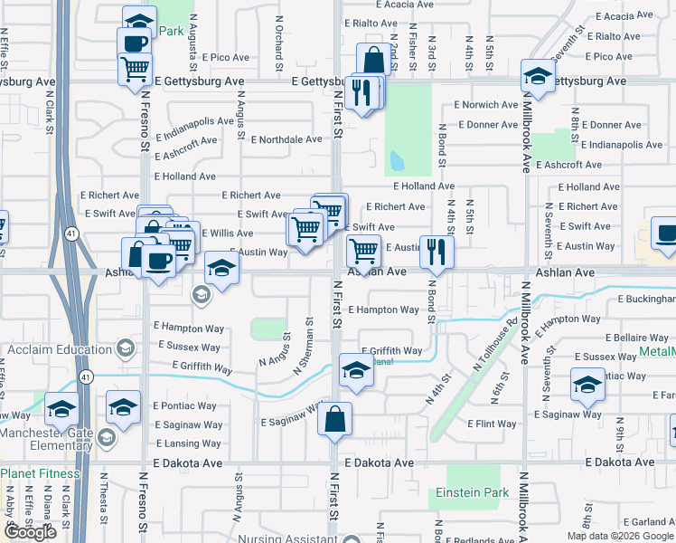 map of restaurants, bars, coffee shops, grocery stores, and more near North 1st Street & East Ashlan Avenue in Fresno