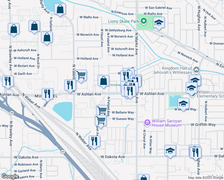 map of restaurants, bars, coffee shops, grocery stores, and more near 3785 North Feland Avenue in Fresno
