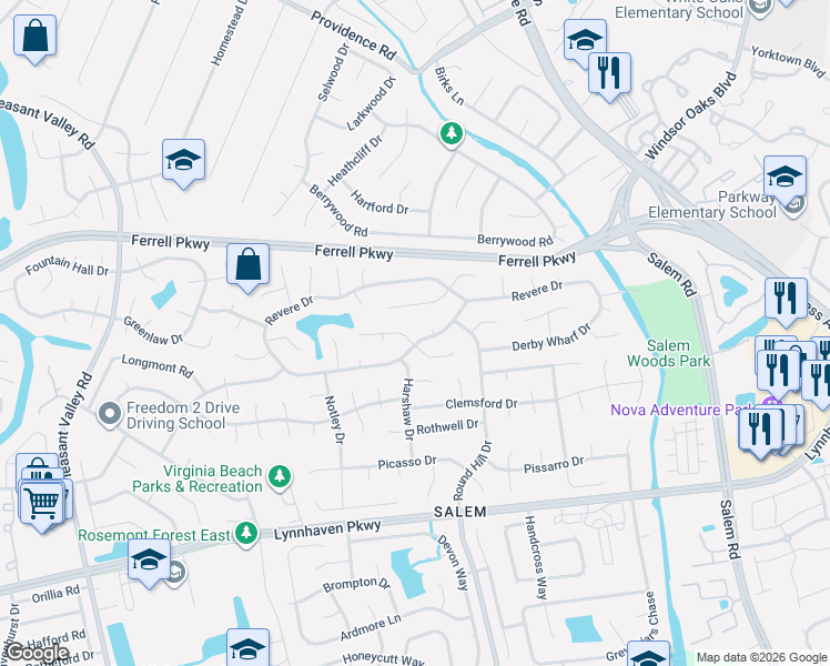 map of restaurants, bars, coffee shops, grocery stores, and more near 1601 Emmerton Court in Virginia Beach