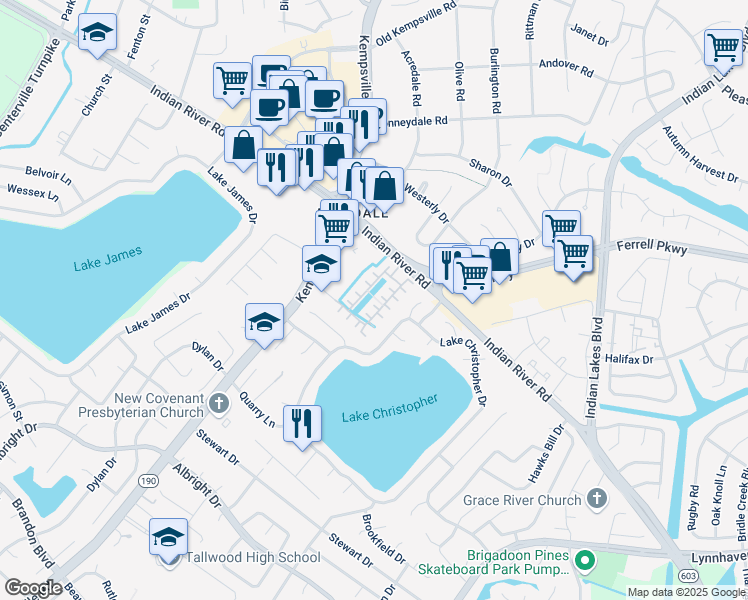 map of restaurants, bars, coffee shops, grocery stores, and more near 1453 Lake Christopher Drive in Virginia Beach