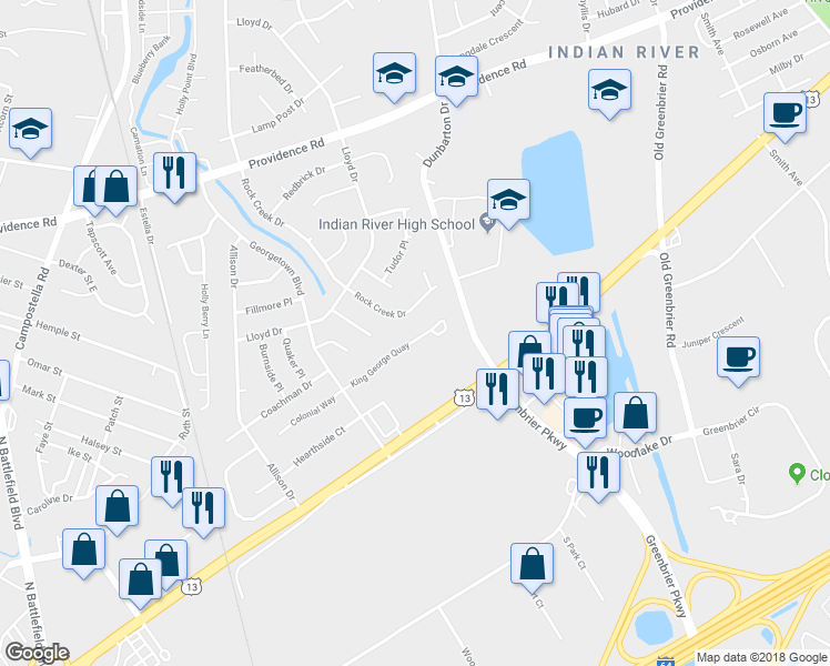 map of restaurants, bars, coffee shops, grocery stores, and more near 55 King George Quay in Chesapeake