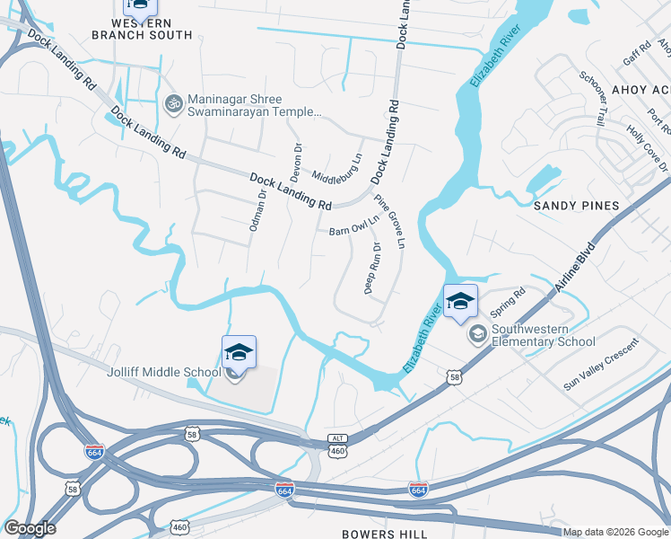 map of restaurants, bars, coffee shops, grocery stores, and more near 1515 Burrowin Drive in Chesapeake