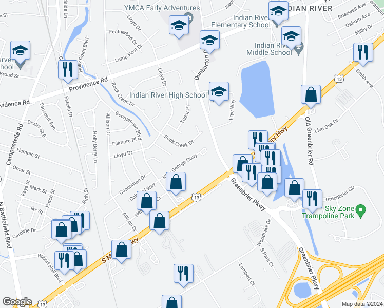 map of restaurants, bars, coffee shops, grocery stores, and more near 82 King George Quay in Chesapeake
