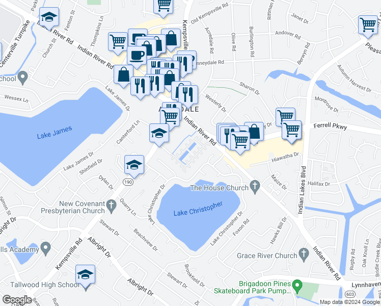 map of restaurants, bars, coffee shops, grocery stores, and more near 5241 Spring Cove Way in Virginia Beach