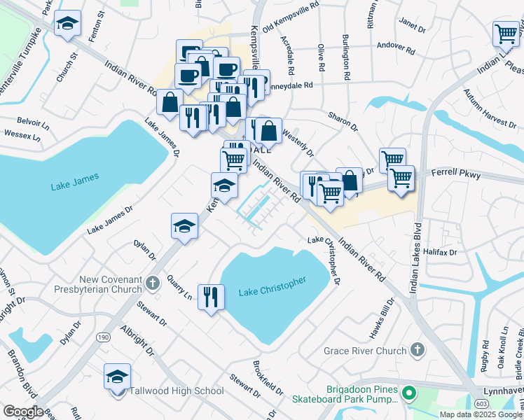 map of restaurants, bars, coffee shops, grocery stores, and more near 1453 Lake Christopher Drive in Virginia Beach