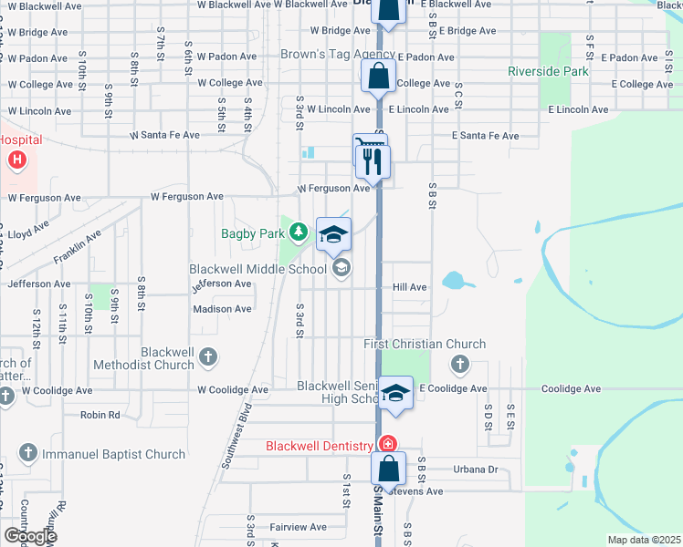 map of restaurants, bars, coffee shops, grocery stores, and more near 1041 South 1st Street in Blackwell