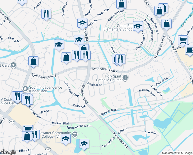 map of restaurants, bars, coffee shops, grocery stores, and more near 1416 Ponderosa Arch in Virginia Beach