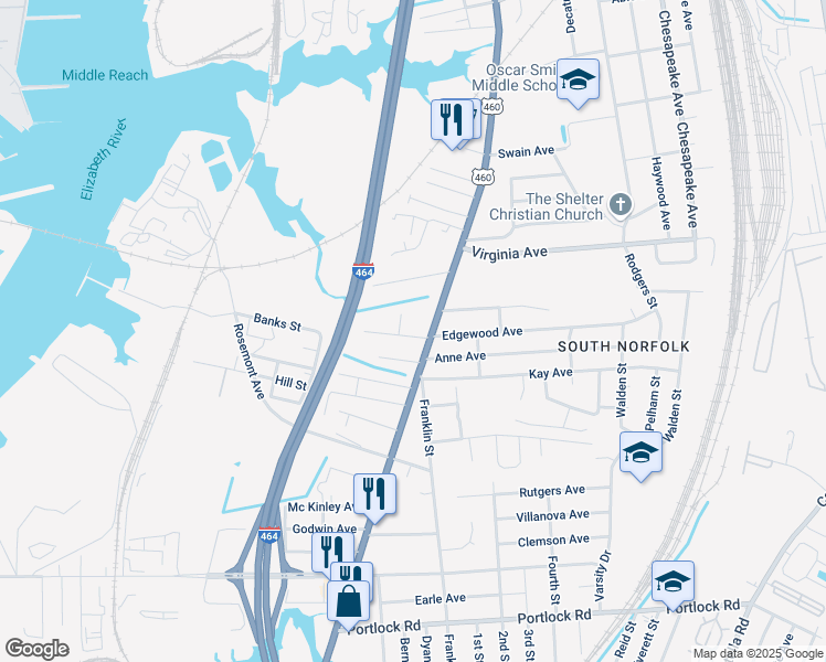 map of restaurants, bars, coffee shops, grocery stores, and more near 1005 Mayfield Avenue in Chesapeake