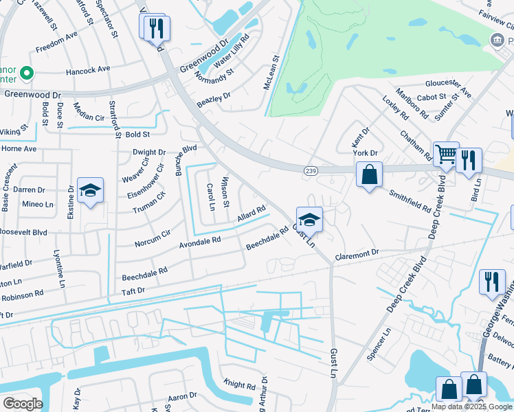 map of restaurants, bars, coffee shops, grocery stores, and more near 169 Allard Road in Portsmouth