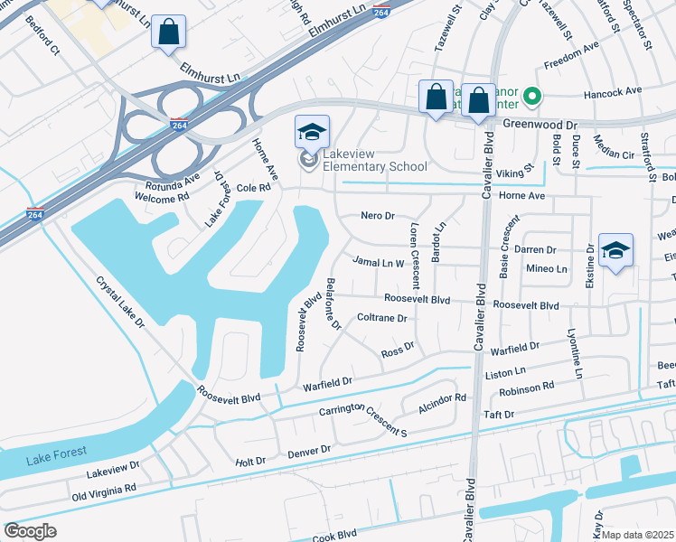 map of restaurants, bars, coffee shops, grocery stores, and more near 1520 Belafonte Drive in Portsmouth