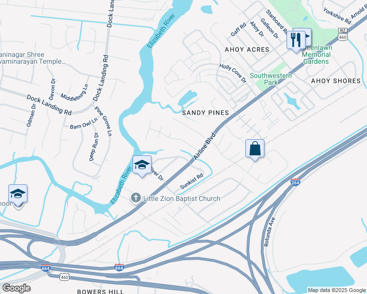 map of restaurants, bars, coffee shops, grocery stores, and more near 3916 Quailshire Lane in Chesapeake