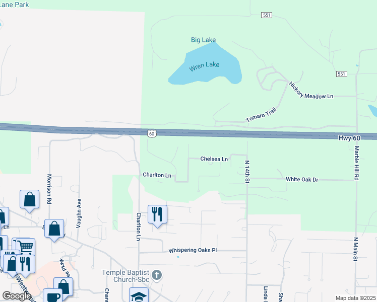 map of restaurants, bars, coffee shops, grocery stores, and more near 1502 Chelsea Lane in Poplar Bluff