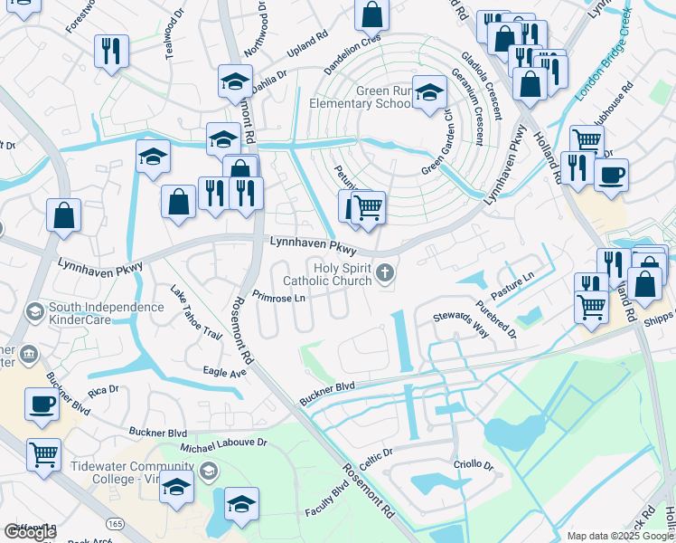 map of restaurants, bars, coffee shops, grocery stores, and more near 1400 Planting Court in Virginia Beach