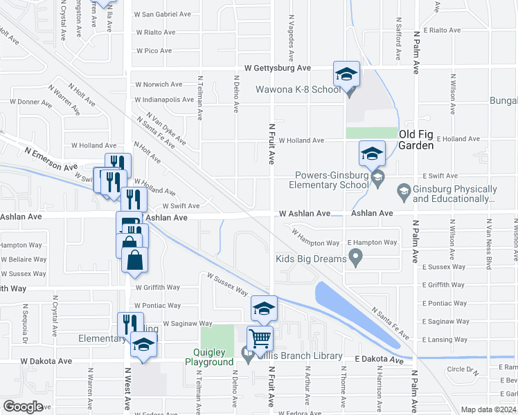 map of restaurants, bars, coffee shops, grocery stores, and more near 4218 North Carruth Avenue in Fresno