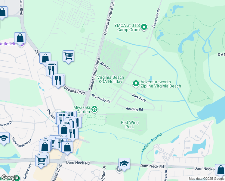 map of restaurants, bars, coffee shops, grocery stores, and more near 817 Azusa Way in Virginia Beach