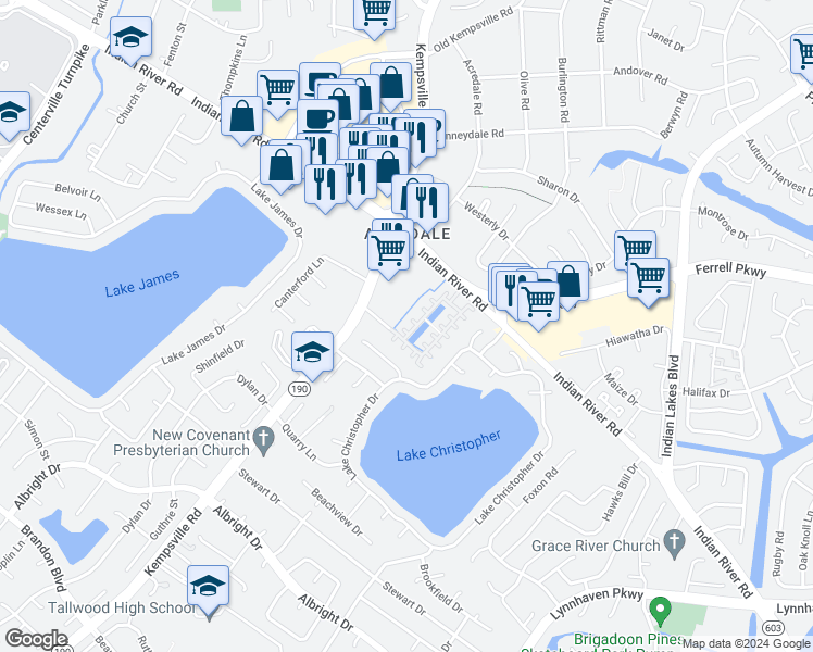 map of restaurants, bars, coffee shops, grocery stores, and more near 1541 Pebblebrook Way in Virginia Beach