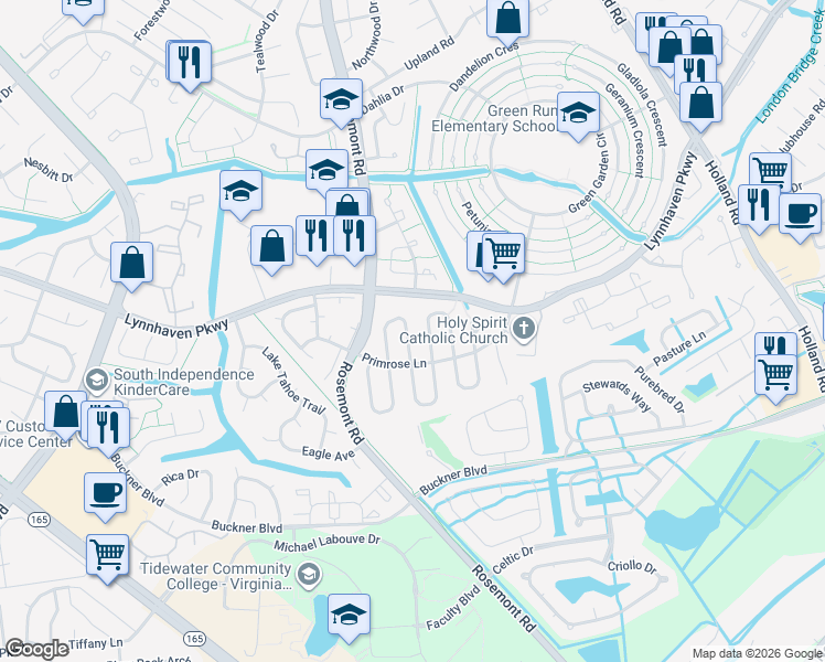 map of restaurants, bars, coffee shops, grocery stores, and more near 1461 Peartree Arch in Virginia Beach