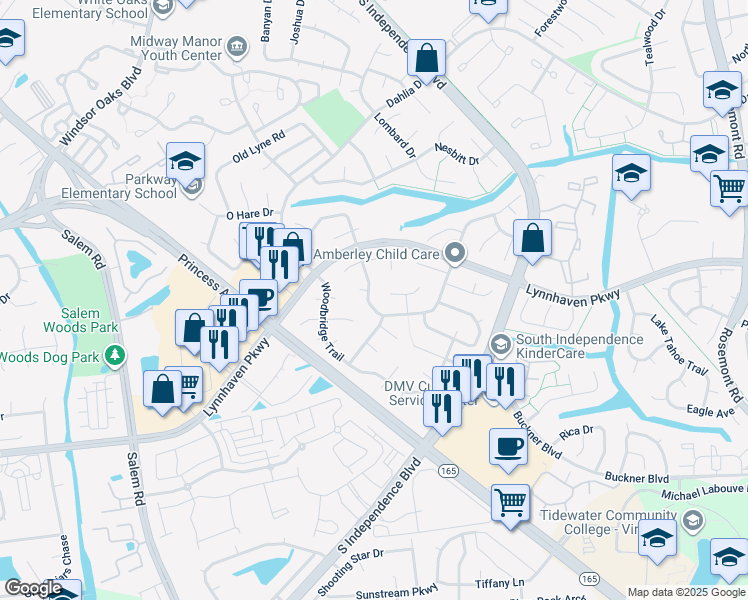 map of restaurants, bars, coffee shops, grocery stores, and more near 1428 Amberley Forest Road in Virginia Beach