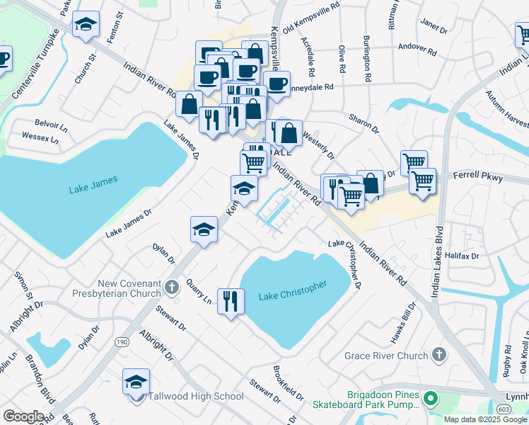 map of restaurants, bars, coffee shops, grocery stores, and more near 1541 Pebblebrook Way in Virginia Beach