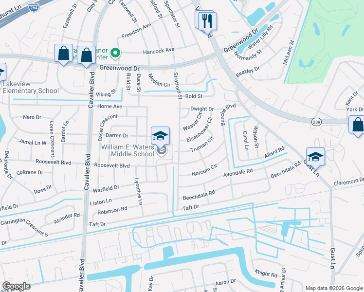 map of restaurants, bars, coffee shops, grocery stores, and more near 505 Truman Circle in Portsmouth
