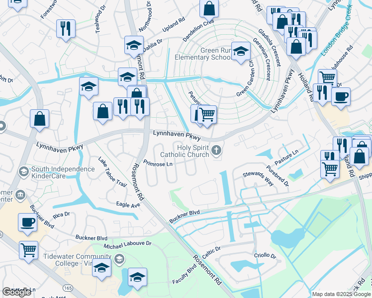 map of restaurants, bars, coffee shops, grocery stores, and more near 1413 Peartree Arch in Virginia Beach