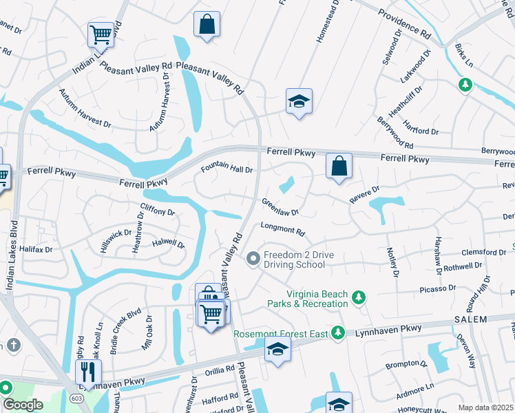 map of restaurants, bars, coffee shops, grocery stores, and more near 4748 Longmont Road in Virginia Beach