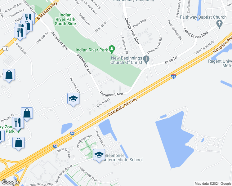 map of restaurants, bars, coffee shops, grocery stores, and more near 1 Jersey Circle in Chesapeake