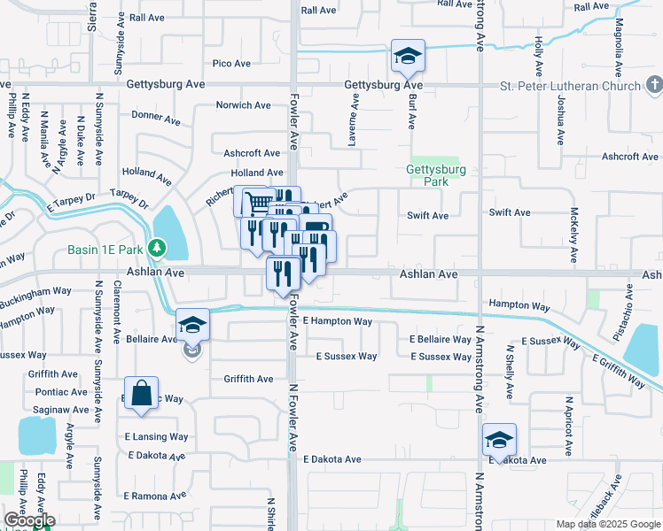 map of restaurants, bars, coffee shops, grocery stores, and more near 3216 Whittier Avenue in Clovis