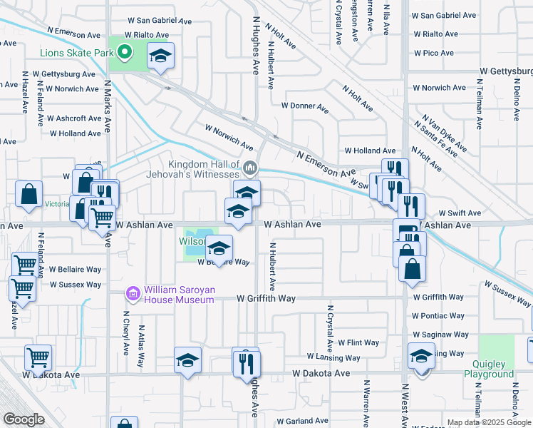 map of restaurants, bars, coffee shops, grocery stores, and more near 2035 West Ashlan Avenue in Fresno