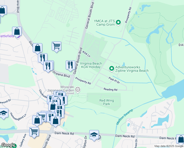 map of restaurants, bars, coffee shops, grocery stores, and more near 817 Azusa Way in Virginia Beach