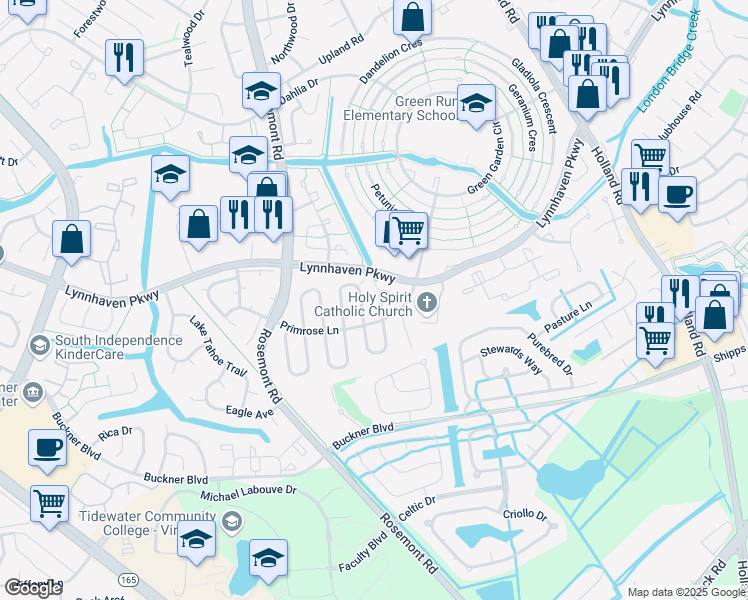 map of restaurants, bars, coffee shops, grocery stores, and more near 1400 Planting Court in Virginia Beach