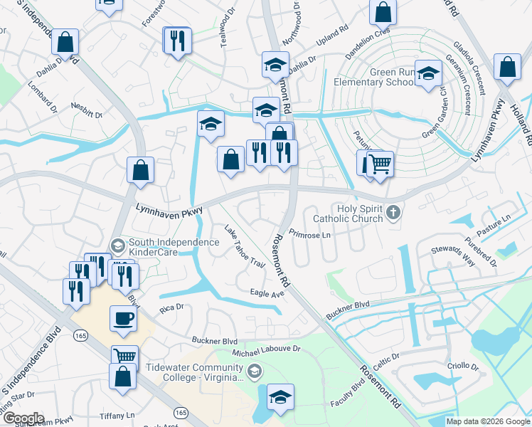 map of restaurants, bars, coffee shops, grocery stores, and more near 3621 Harbinger Road in Virginia Beach
