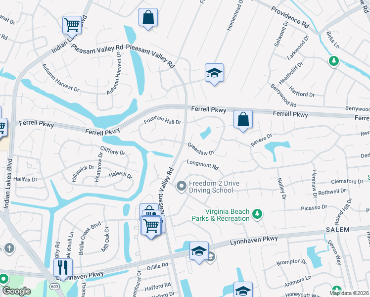 map of restaurants, bars, coffee shops, grocery stores, and more near 4748 Longmont Road in Virginia Beach