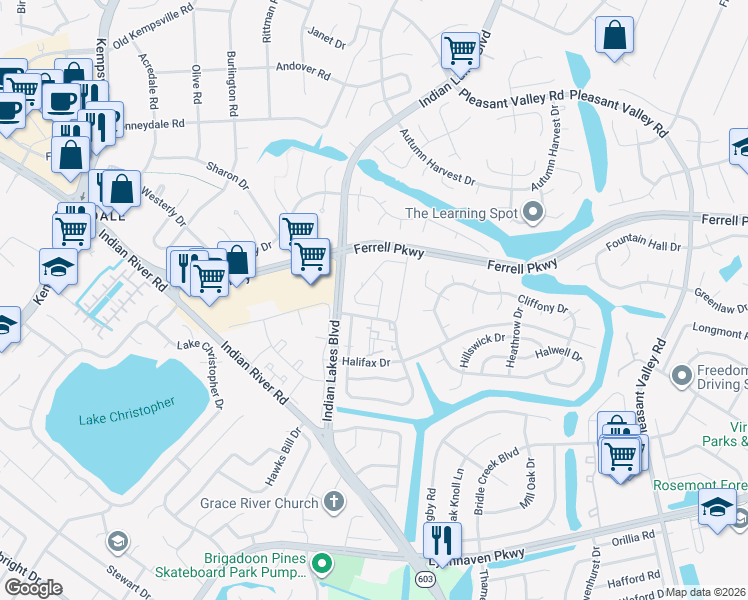 map of restaurants, bars, coffee shops, grocery stores, and more near 1401 Olivewood Court in Virginia Beach