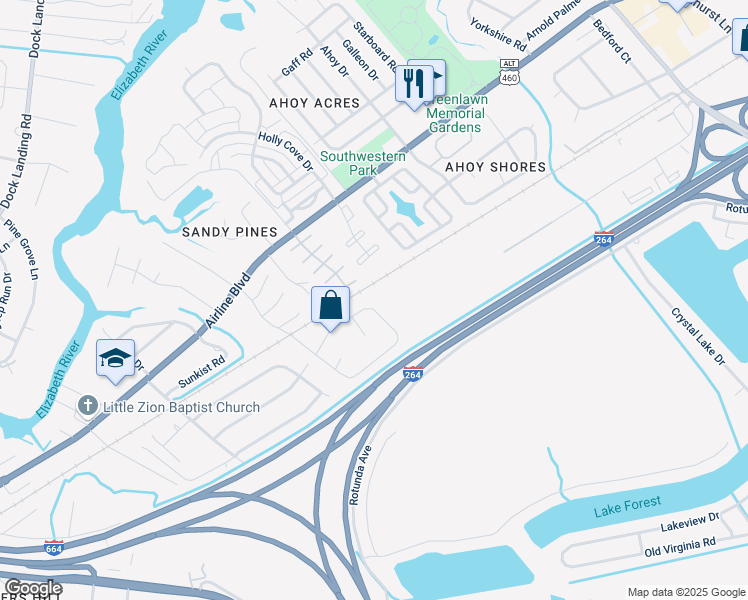 map of restaurants, bars, coffee shops, grocery stores, and more near 1307 Nixon Court in Chesapeake
