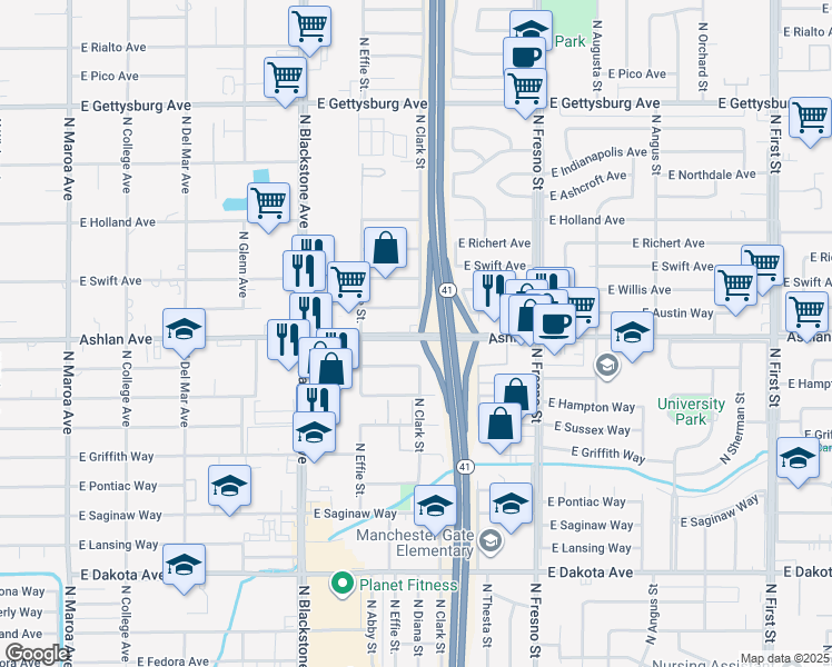 map of restaurants, bars, coffee shops, grocery stores, and more near 1999 East Ashlan Avenue in Fresno