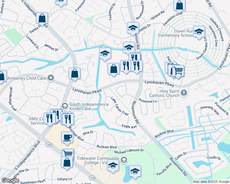 map of restaurants, bars, coffee shops, grocery stores, and more near 3784 Lake Tahoe Trail in Virginia Beach