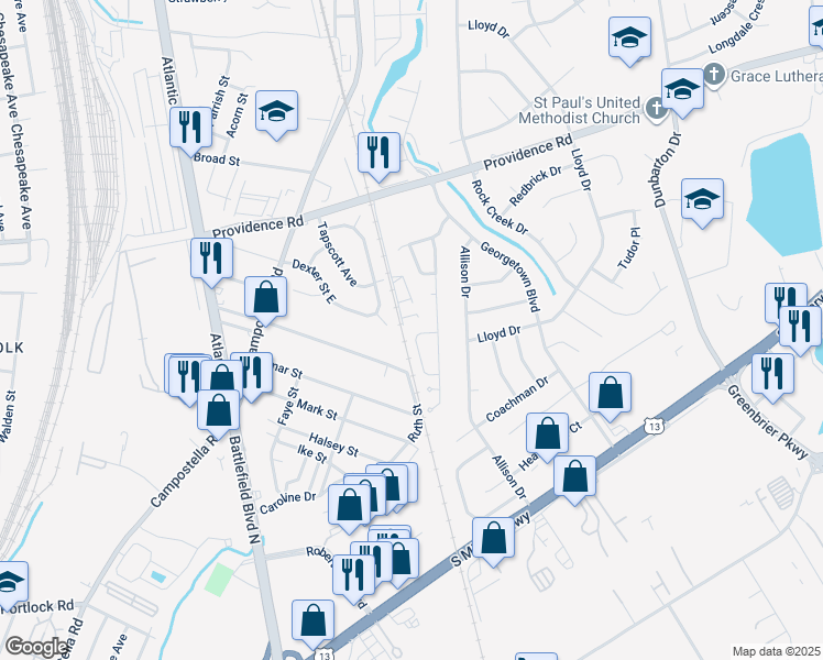 map of restaurants, bars, coffee shops, grocery stores, and more near 2322 Tawnyberry Lane in Chesapeake