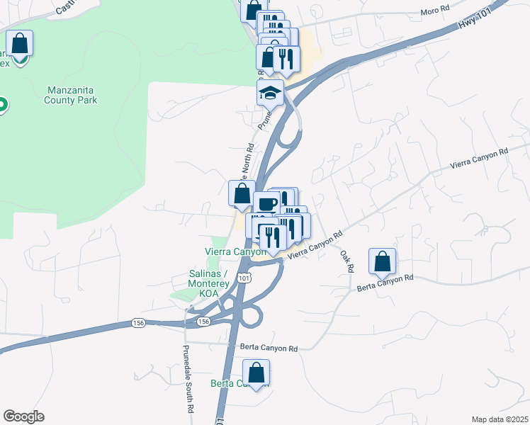 map of restaurants, bars, coffee shops, grocery stores, and more near 17653 Vierra Canyon Road in Salinas