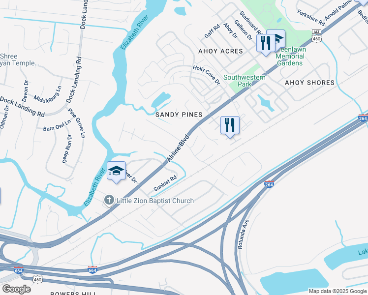 map of restaurants, bars, coffee shops, grocery stores, and more near 1428 Keaton Way in Chesapeake