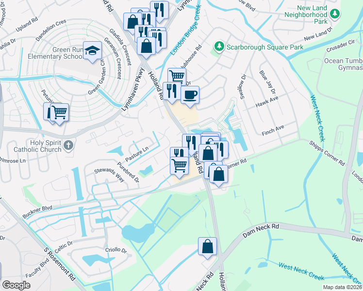 map of restaurants, bars, coffee shops, grocery stores, and more near 3412 Five Gait Trail in Virginia Beach