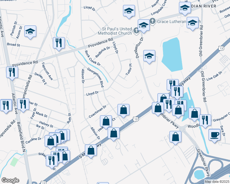 map of restaurants, bars, coffee shops, grocery stores, and more near 2116 Markland Drive in Chesapeake