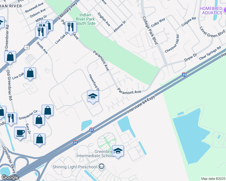 map of restaurants, bars, coffee shops, grocery stores, and more near 2025 Hollins Court in Chesapeake